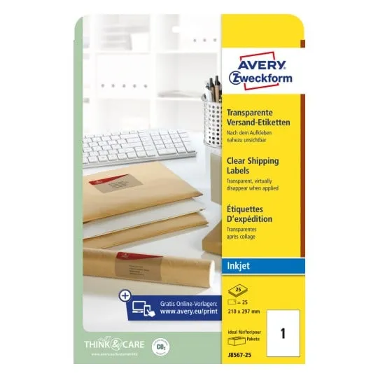 Etiketter Avery 210x297 mm (A4) transparent med QuickPEEL™ til inkjet printer - (25 ark)