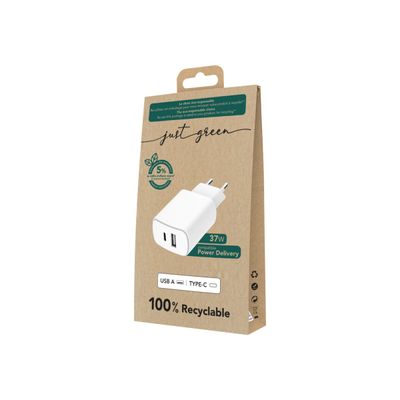 Just Green - Chargeur secteur pour smartphone - USB A & USB-C - blanc - 37W