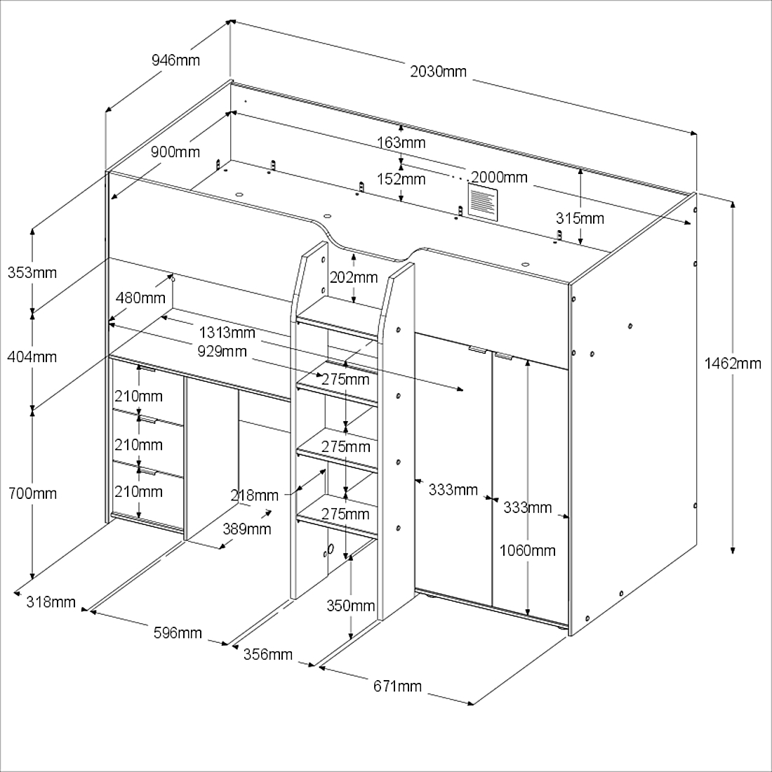 Hochbett TOM 1 - Jackson Eiche - weiß - 90x200 cm
