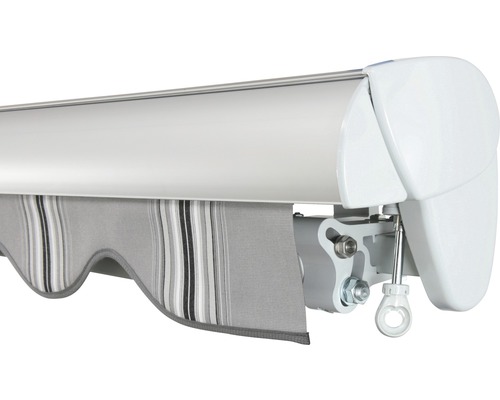 SOLUNA Halfcassette zonnescherm Classic 2,5x1,5, doekdesign A131, frame E6EV1 zilver geanodiseerd, aandrijving rechts inclusief slinger