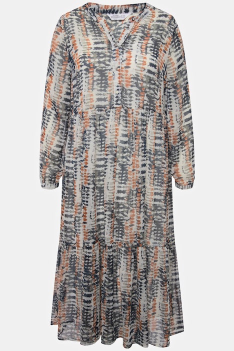 Maxikleid, A-Line, Batik Print, Rundhals, Knopfleiste, Volants, Langarm