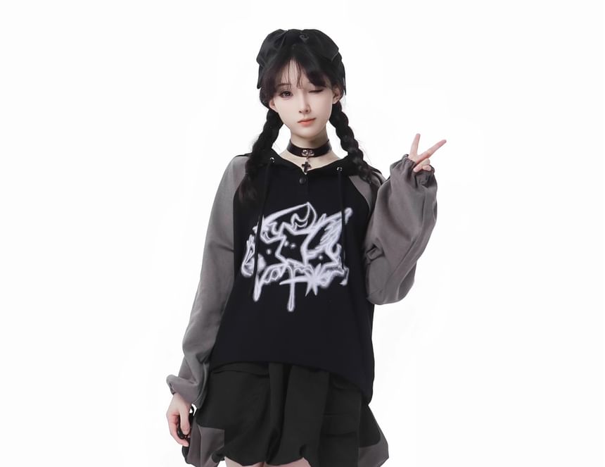 Florimi - Grafische print raglan hoodie met trekkoord