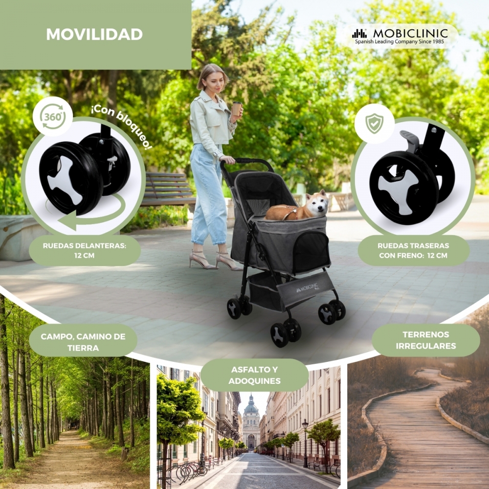 Carrinho dobrável para cães Mobiclinic com rodas giratórias 360°, freios, 3 pontos de acesso, capota, cesto de armazenamento e porta-copos, cinza.