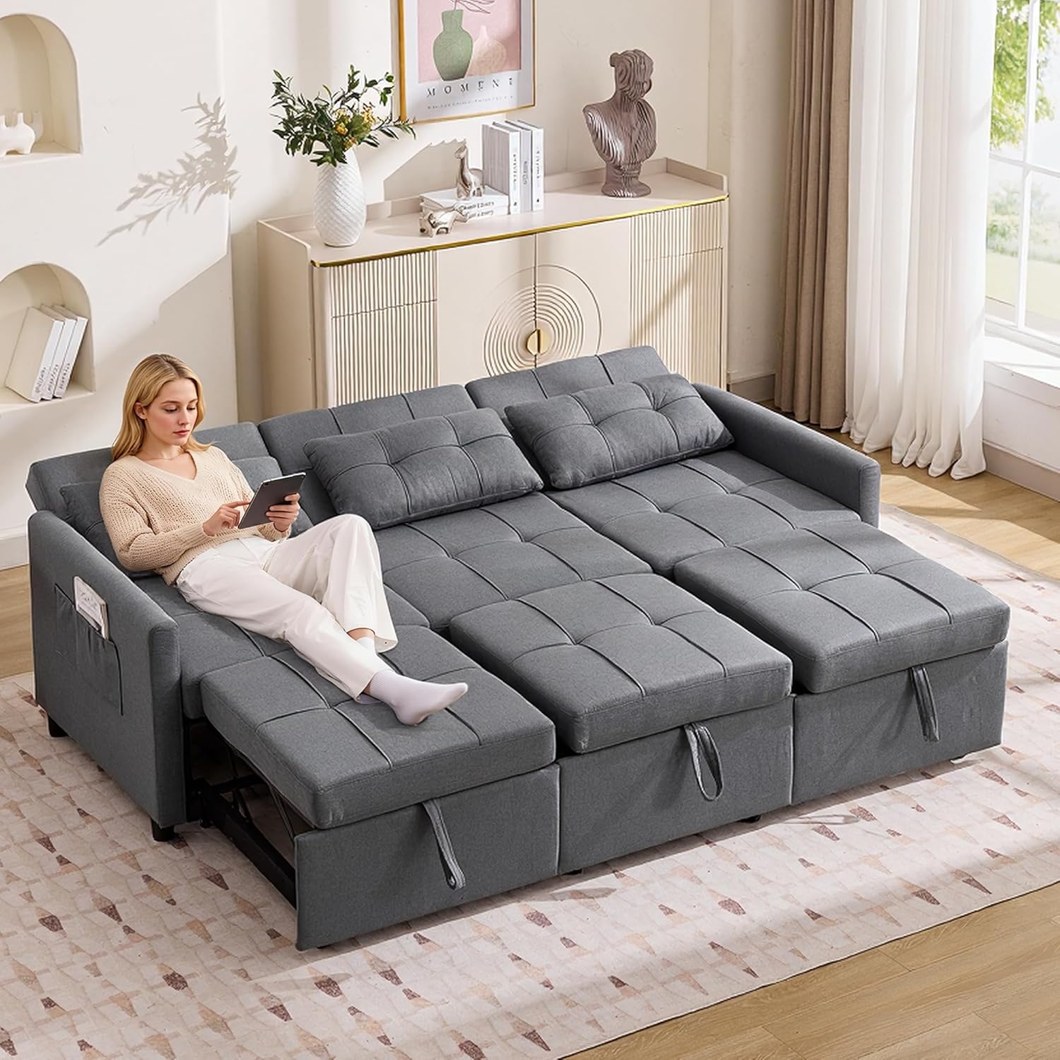 Schlafsofa 3 Sitzer Ausziehbar, 7-in-1 Ecksofa L-Form mit Bettkasten, Funktionssofa mit Rollen & Verstellbarer Rückenlehne, Gästebett Grau 215×180cm
