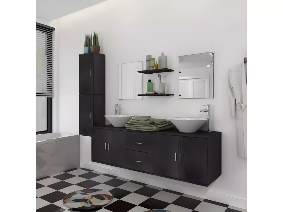 Meuble de salle de bain 11 pièces bois laqué noir Val