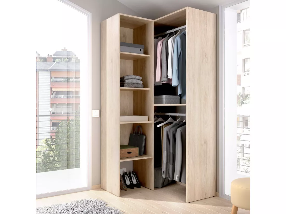 Armoire Dalmic, Structure pour dressing d'angle, Cintre d'angle ouvert, 79x88h186 cm, Chêne