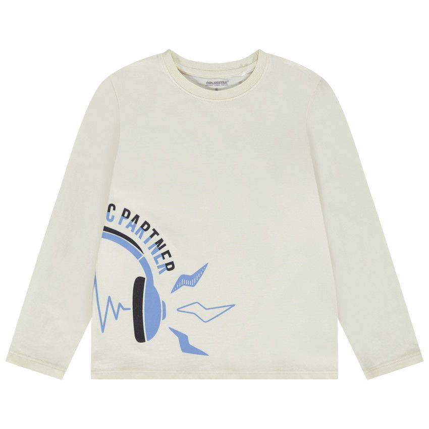 T-shirt manches longues en jersey avec print placé pour garçon - Ecru