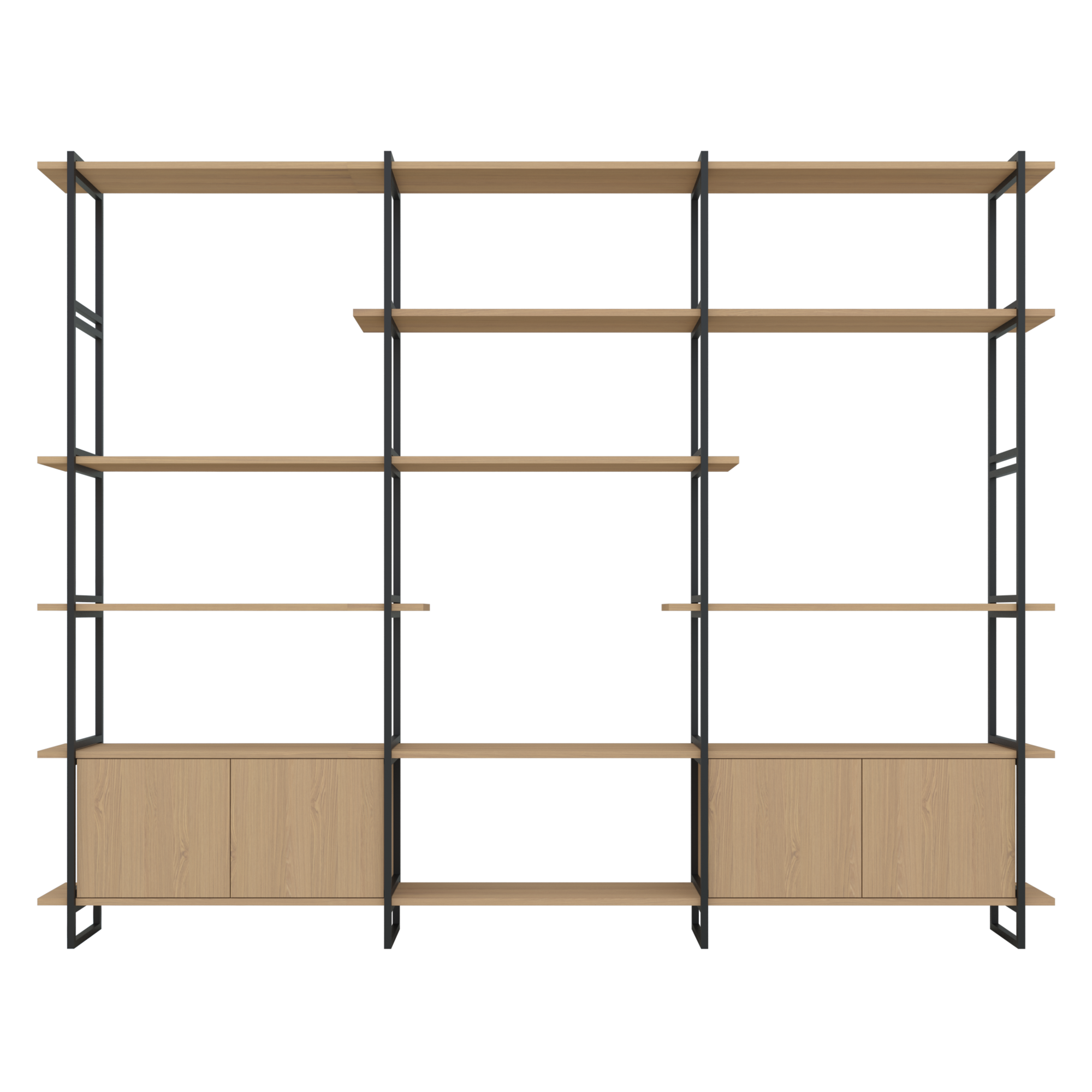 Modular Cabinet MC-6L Wandkast Hardwax Olie 3041, 3 x plank Large, 2 x plank Medium, 2 x plank small, 2 x Closed Oak Cabinets, Zwart Frame