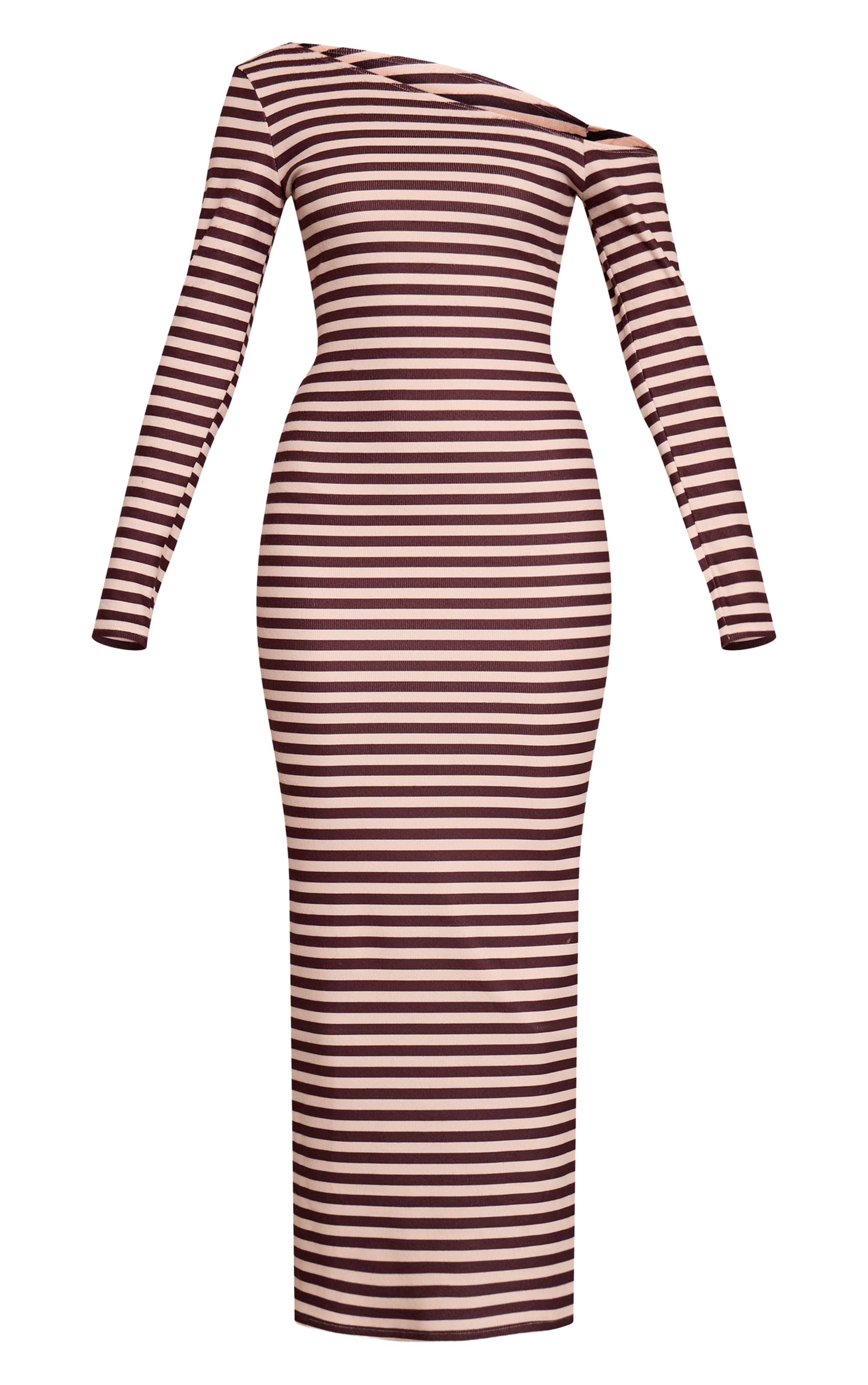 Chocolat Robe Maxi Asymétrique À Manches Longues En Côtes Brossées À Rayures