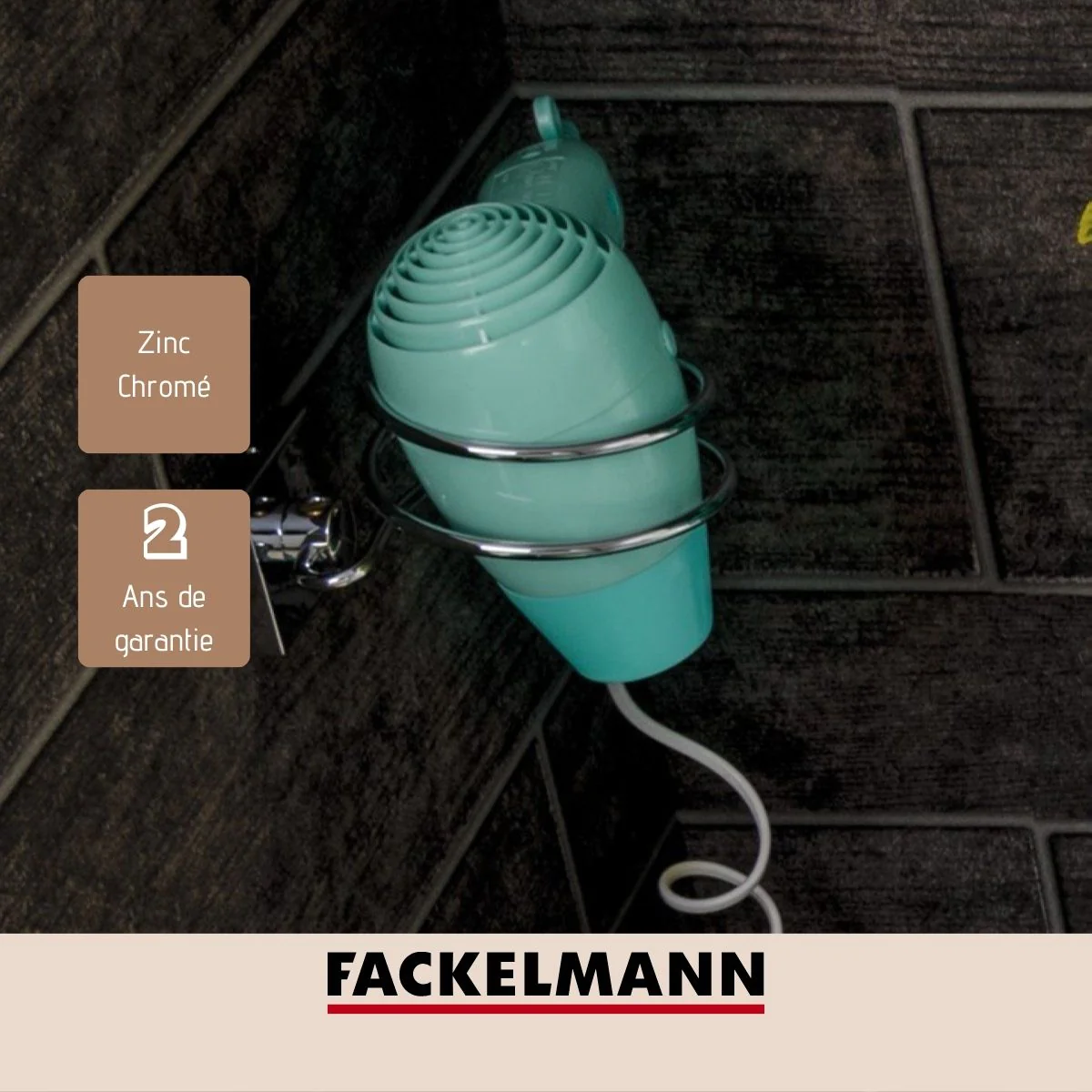 Support sèche cheveux en zinc gris chromé Mare Fackelmann