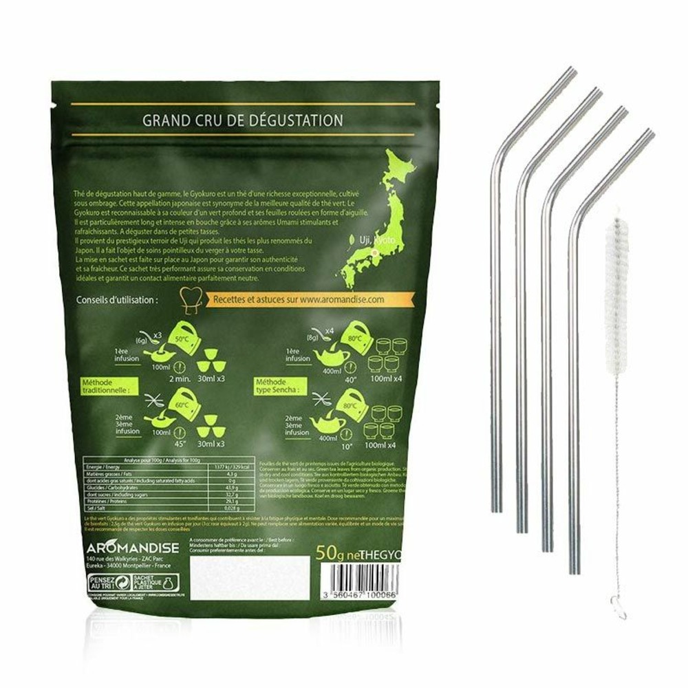 Thé vert gyokuro 50 g + 4 pailles en inox