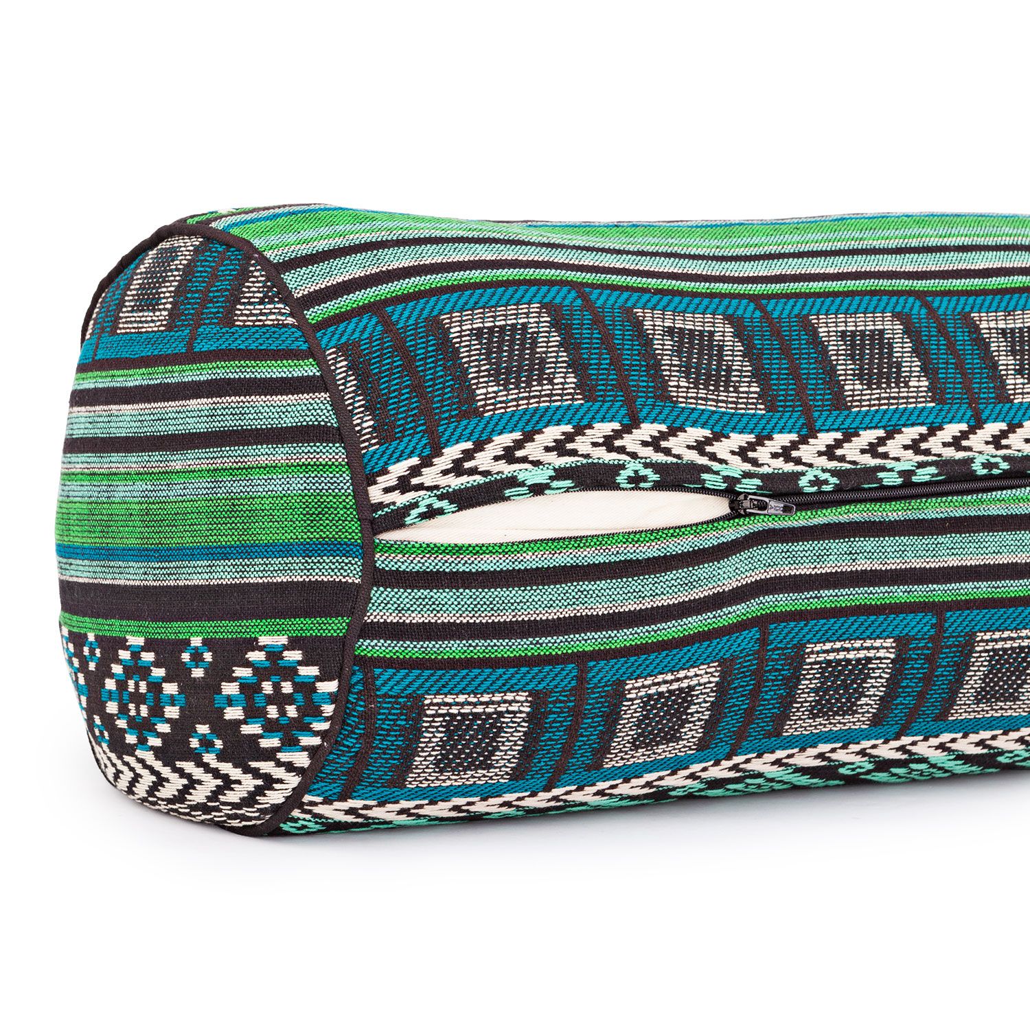bodhi ETHNO Collection: Yoga-Bolster (rund), Jacquard-Webstoff, schwarz-weiß-grün gem., Dinkelhülsen