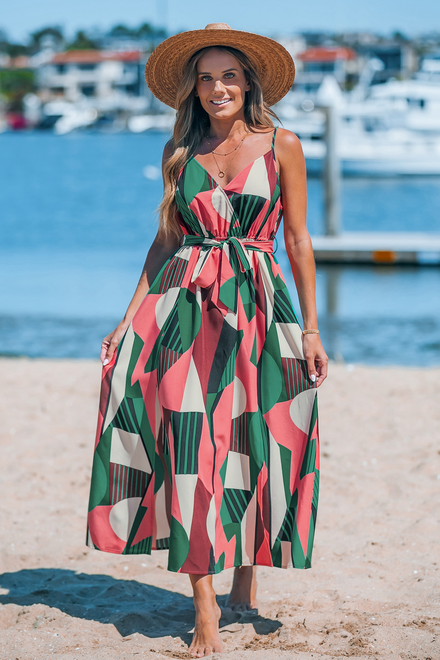 Robe midi sans manches avec taille à nouer géométrique