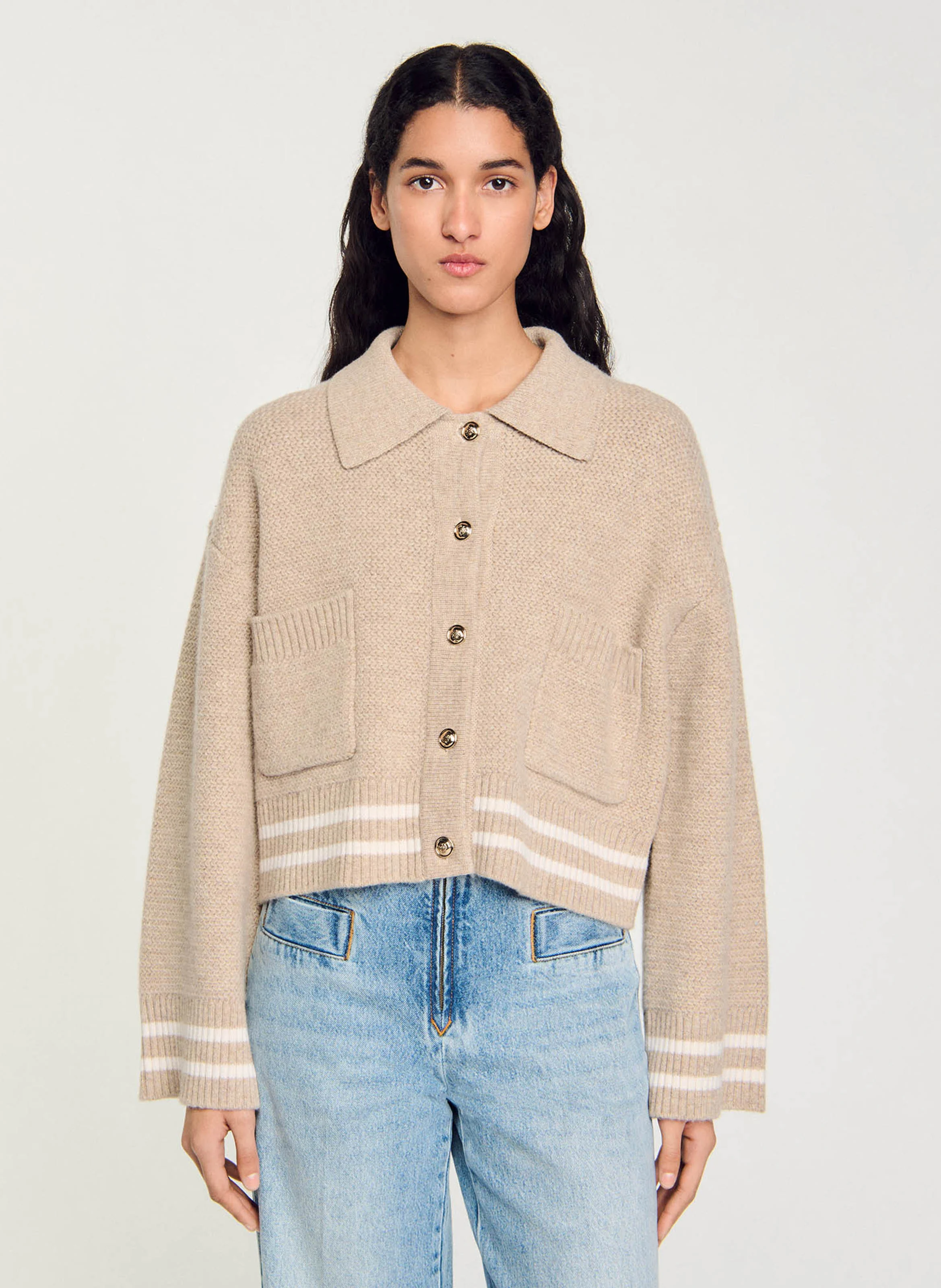 Cardigan col chemise en laine | Beige