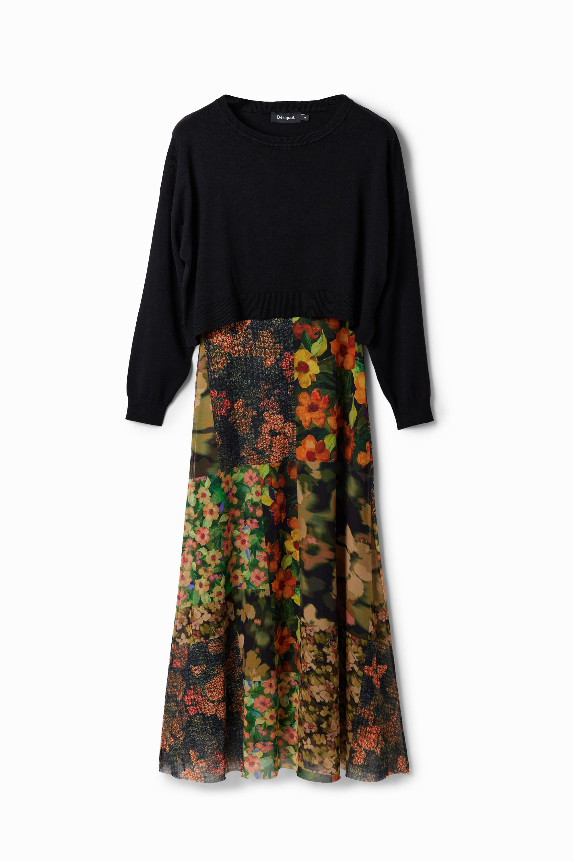 Vestido midi com patchwork 2 em 1