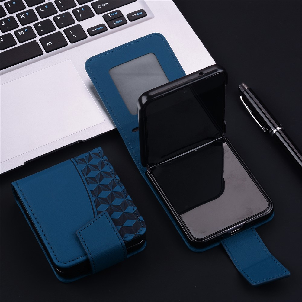 Samsung Galaxy Z Flip7 Leder Tasche Flip Cover Rhombus Imprint - Dunkelblau