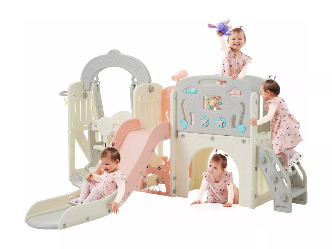 Ensemble balançoire de jeux pour enfants 10 en 1 - 232 x 181 x 116cm - en matériel HDPE - avec panier de basket et télescope - Rose