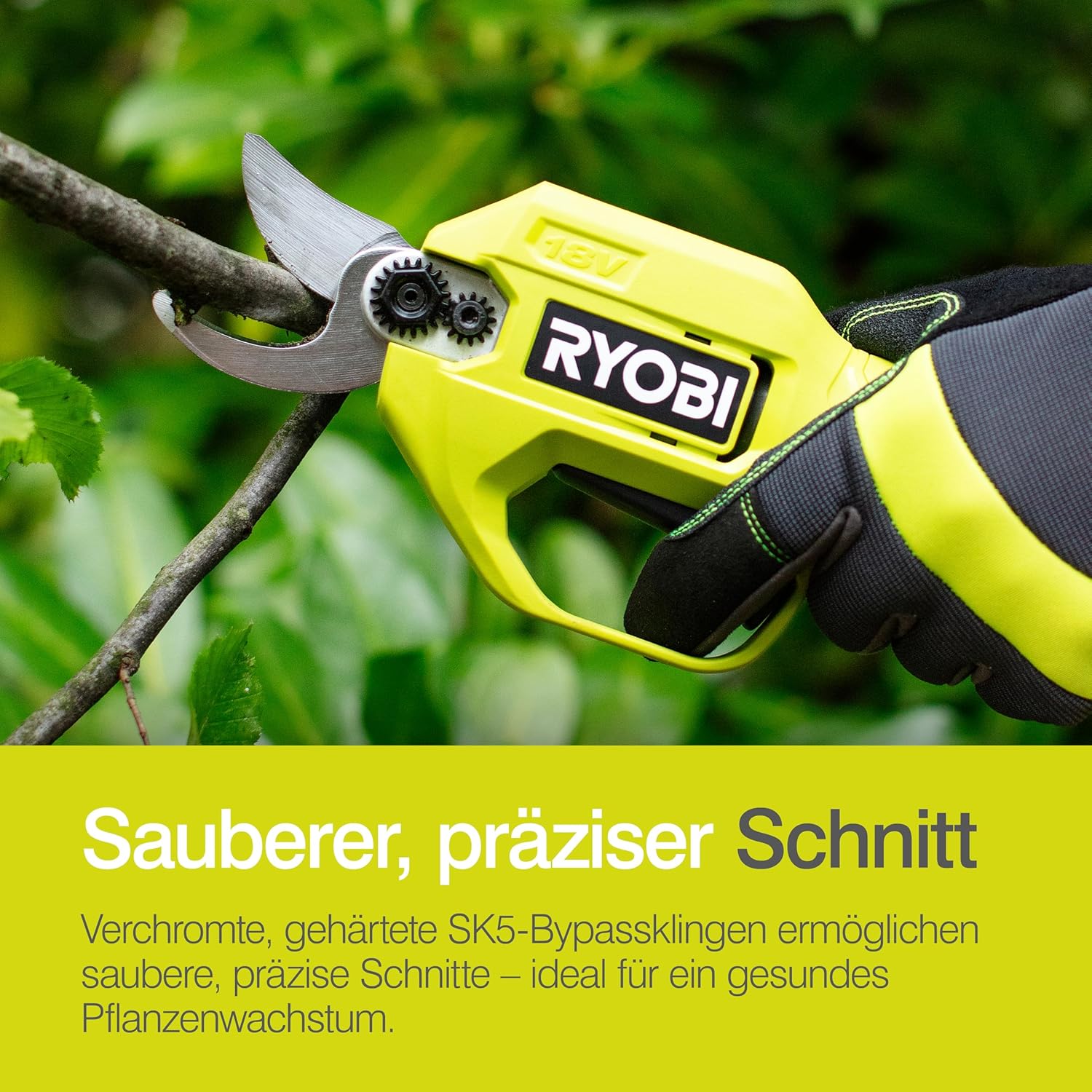 RYOBI 18 V ONE+ Akku-Gartenschere RY18SCA-0 (25 mm Schnittkapazität, 2,5 Sekunden für einen Schnittvorgang, SK5-Stahlklingen, ohne Akku und Ladegerät)