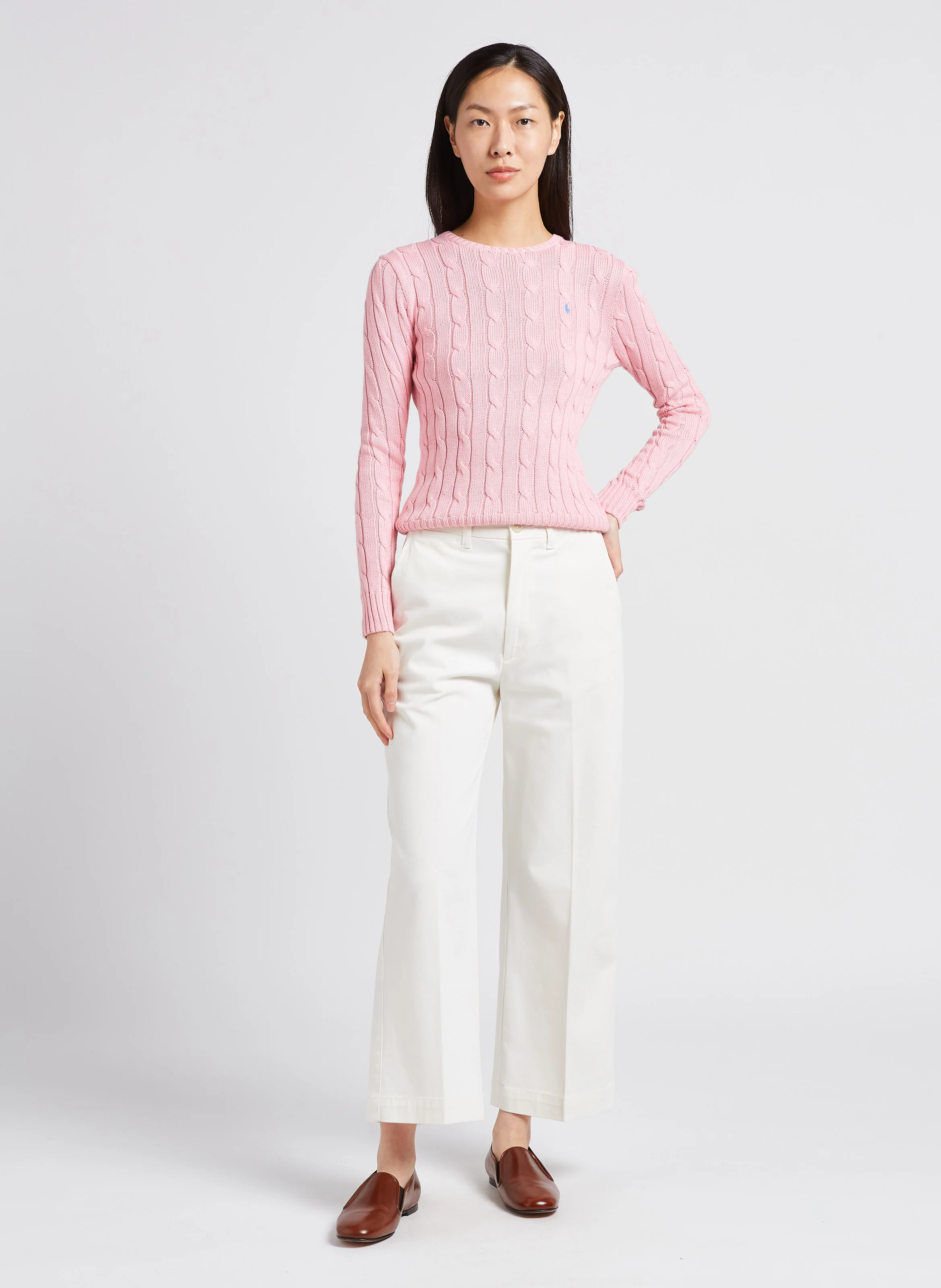 Pull col rond brodé en coton | Rose