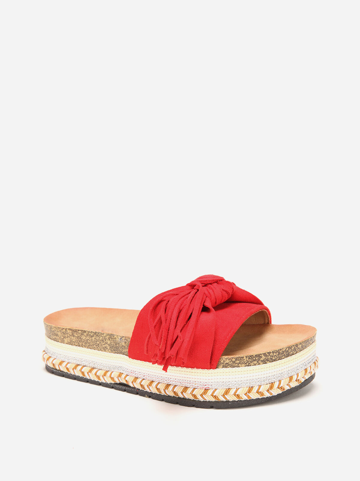 Mules à motif ethnique avec noeud et pompon- Rouge