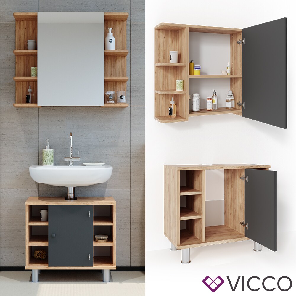 VICCO Badmöbel Set FYNN Eiche Anthrazit Spiegelschrank Waschtischunterschrank