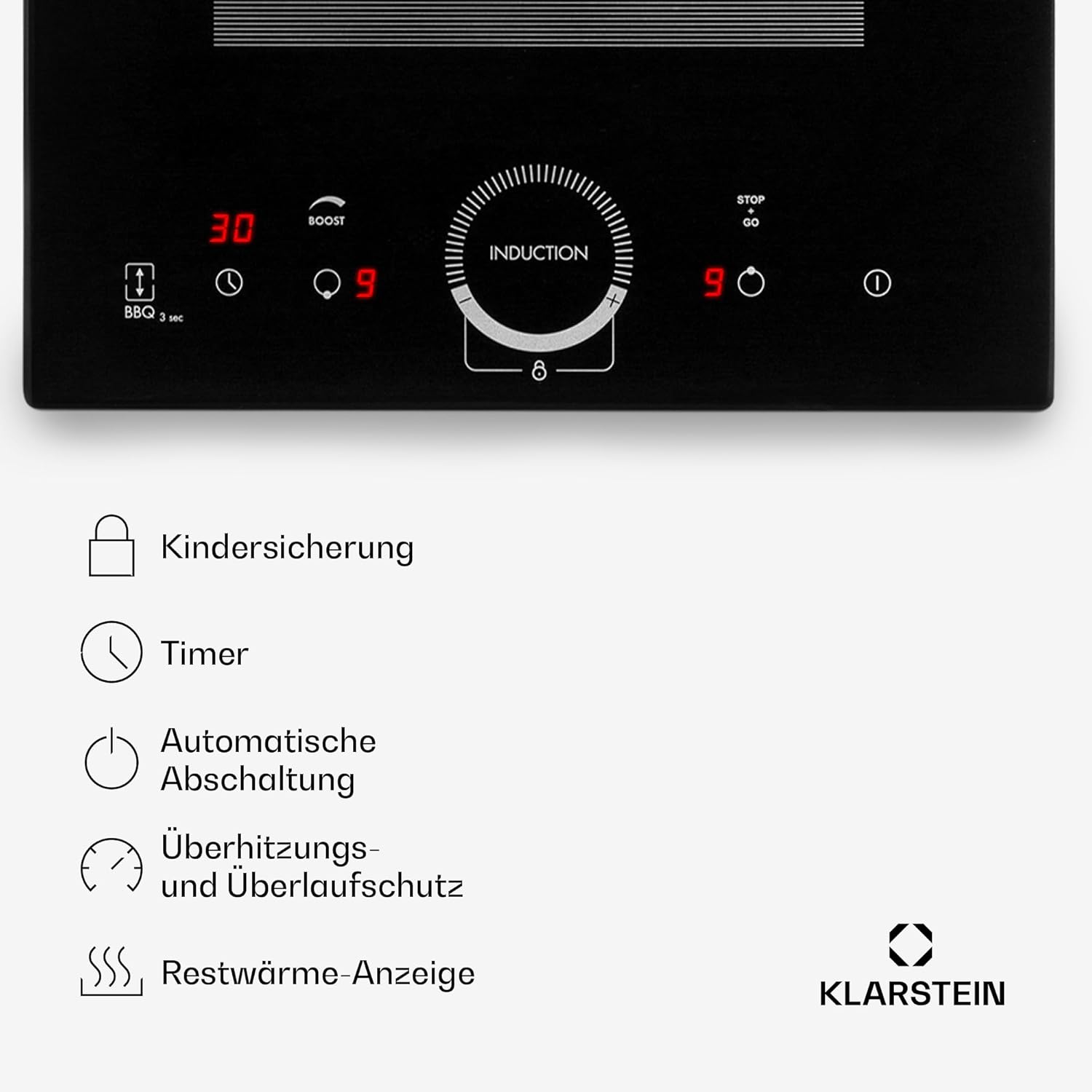 Klarstein Glaskeramik Kochfeld, mit 4 Platten, Einbau-Induktionskochfeld mit Touch-Display, Digitalanzeige und Timer-Funktion, Schnelles Aufheizen, 3500 Watt