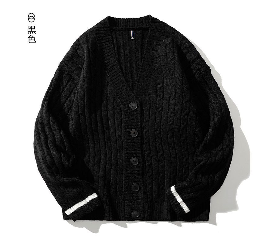 Dandyluxe - V-hals contrasterende kabelgebreide losse cardigan met knoopjes