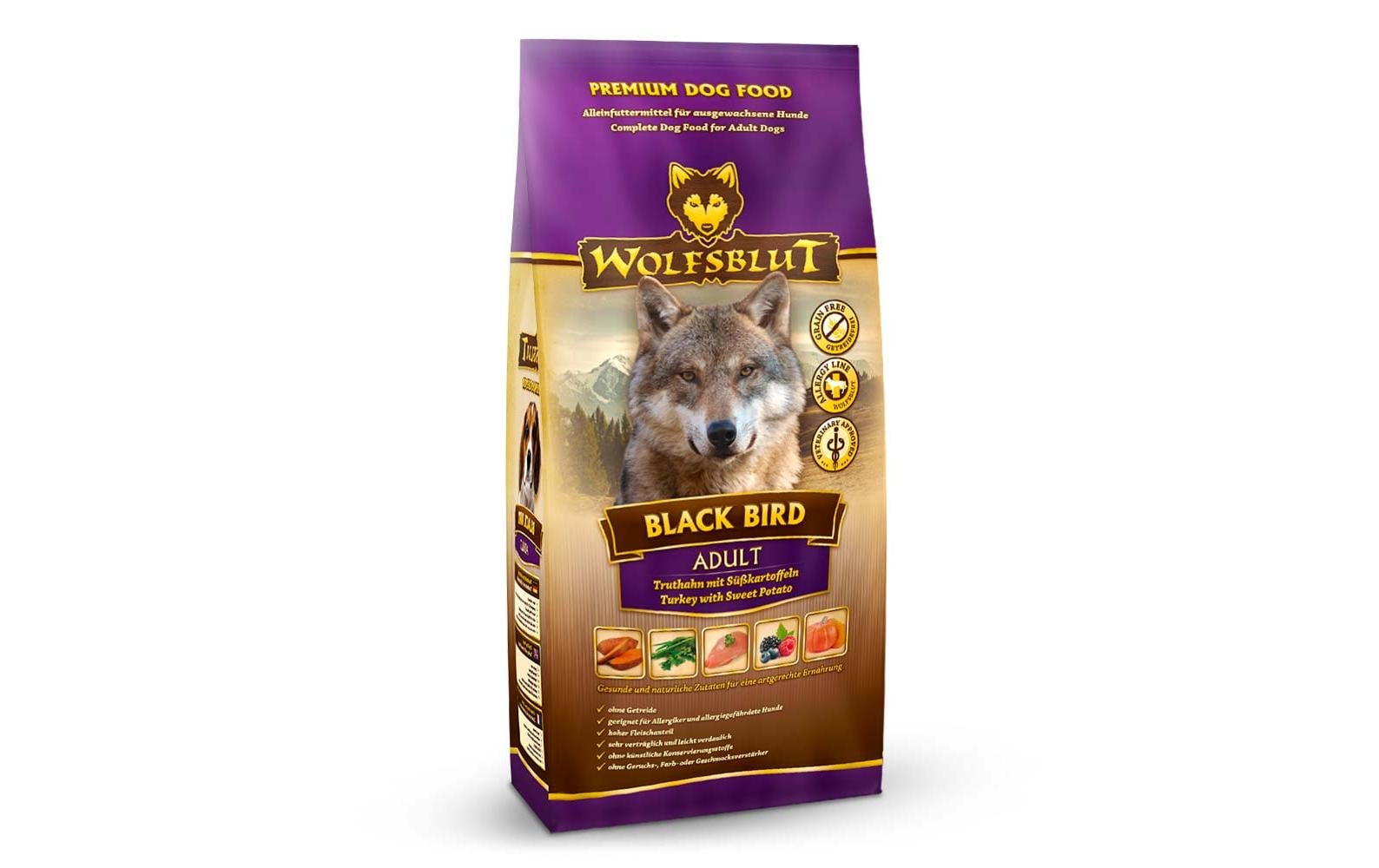 Trockenfutter Dog Black Bird Adult, 12.5 kgMit Truthahn und Süsskartoffel