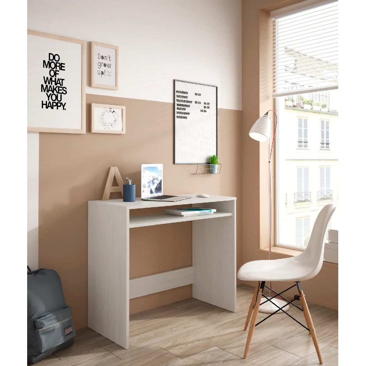 Alter Bureau avec étagère fixe - Blanc et bois