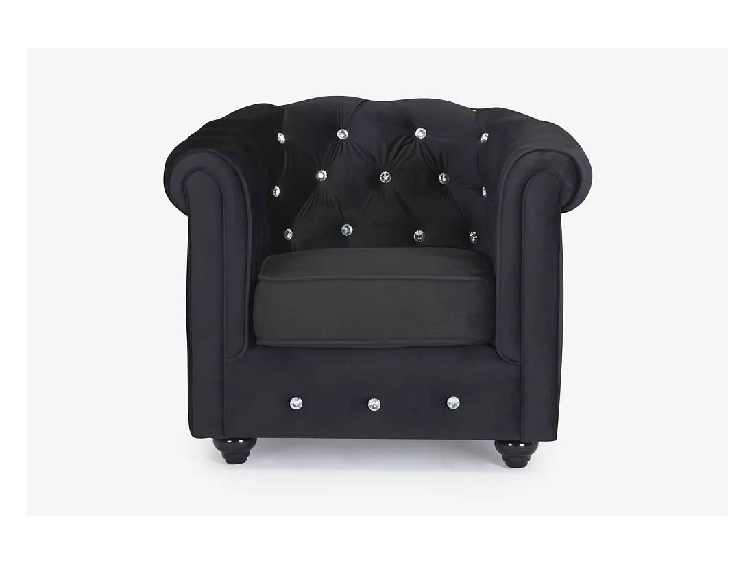 Fauteuil CHESTERFIELD - velours noir et boutons effet cristal