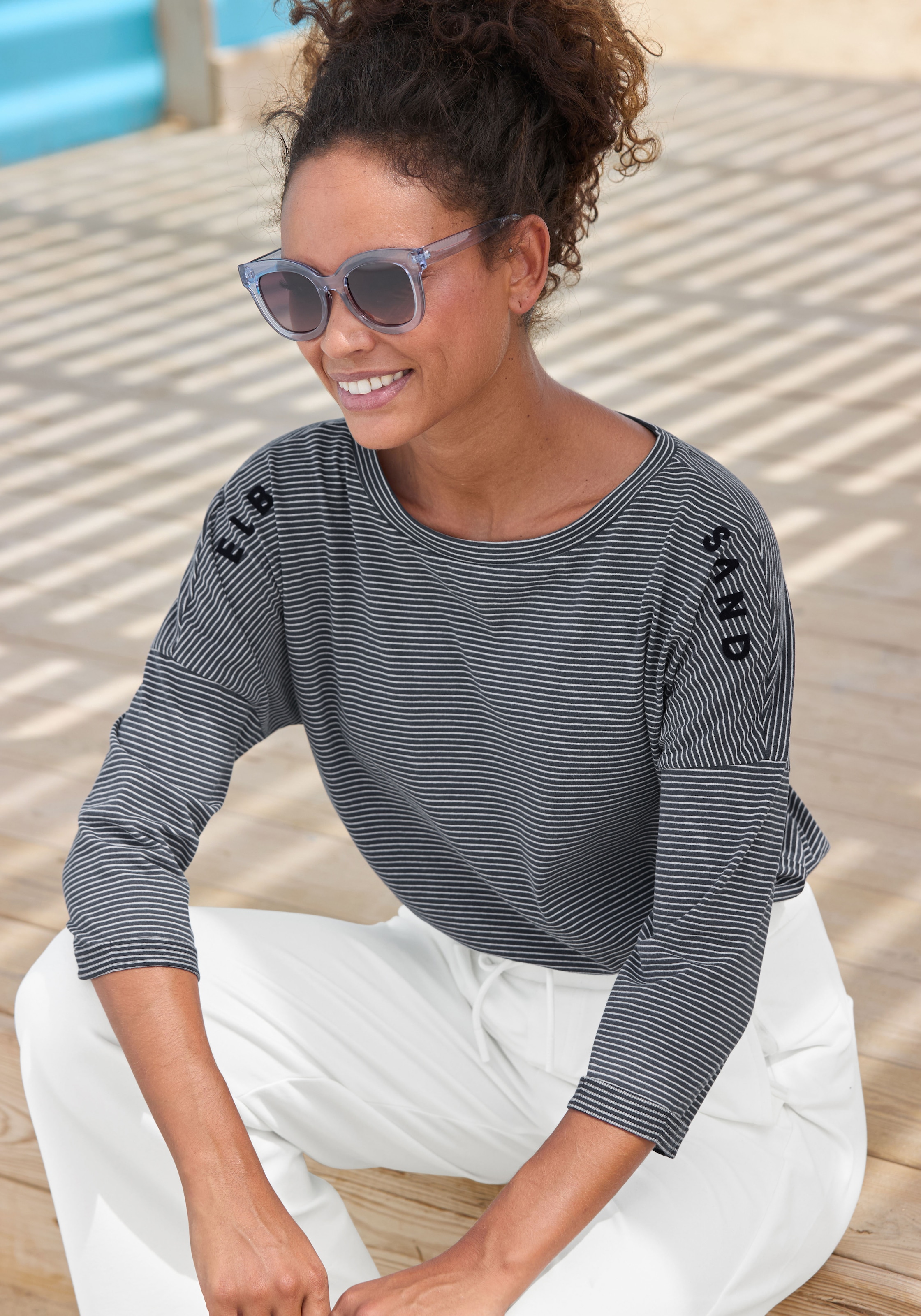 Elbsand 3/4-Arm-Shirt »Veera«, mit Logoprint und überschnittenen Schultern, lässiges Shirt
