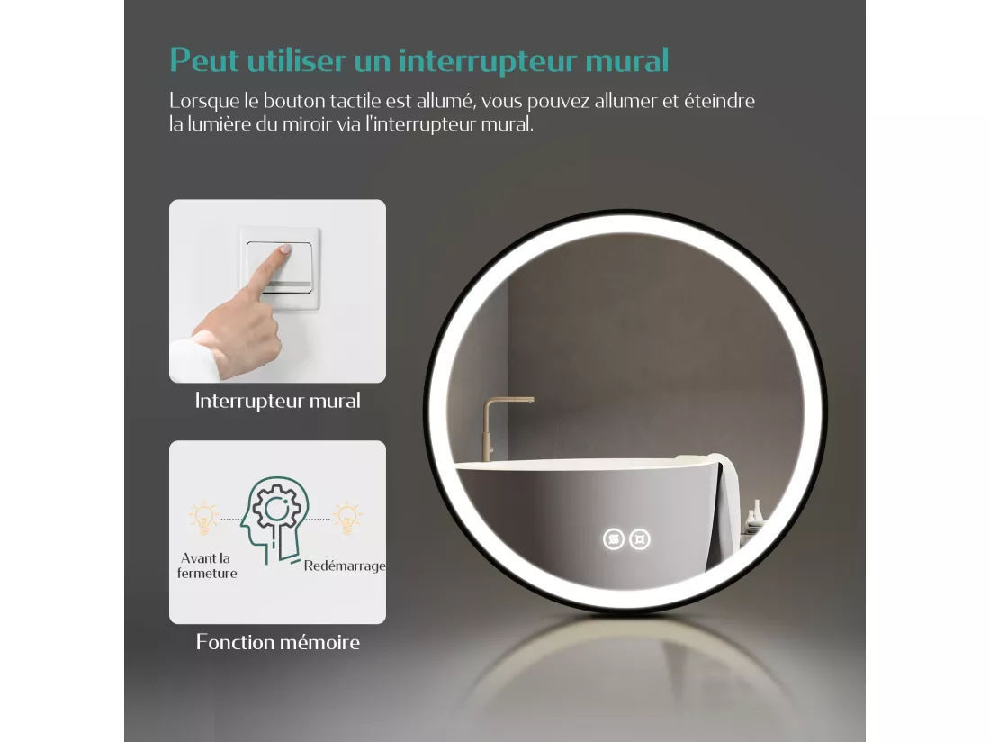 EMKE Miroir lumineux salle de bain rond diamètre 60cm cadre noir, sangle réglable, Miroir LED avec Interrupteur Tactile, Anti-buée, Lumière Froide