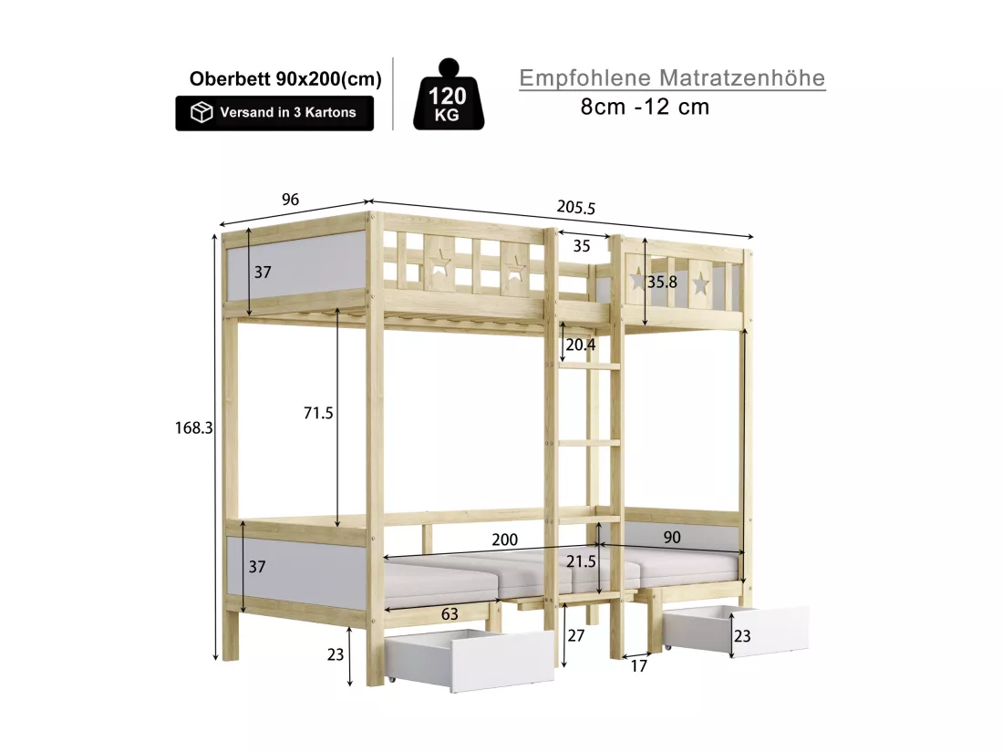 Lits superposés 2 x 90 x 200 cm avec 2 tiroirs - lit/bureau 2 en 1 - pin+contreplaqué+MDF - pour enfant - Naturel + blanc