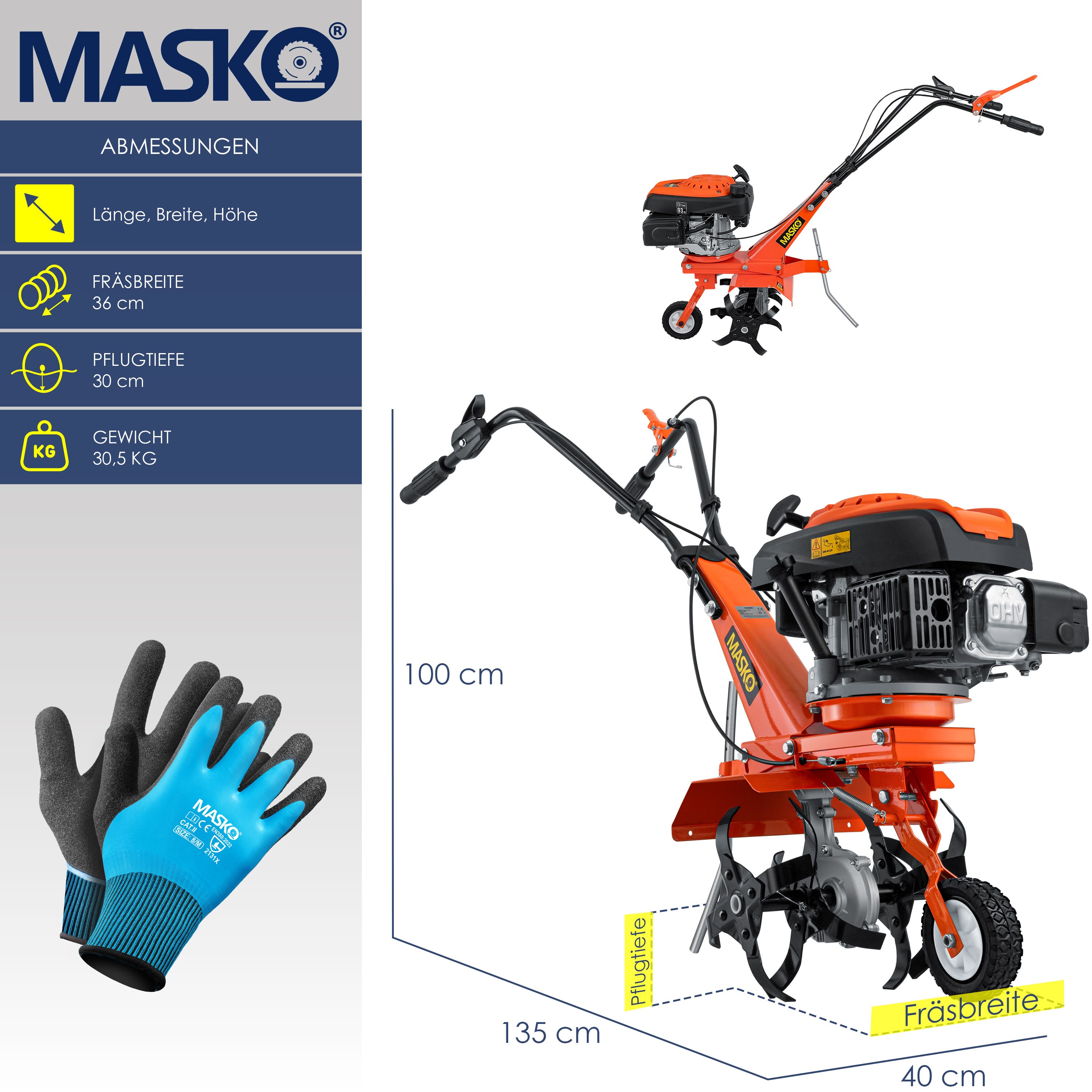 MASKO® Benzin Gartenfräse MK-909 MotorhackeAckerfräse mitArbeitsbreite - 4 Takt Motor- Bodenfräse – Gartenhacke – Kultivator – Bodenhacke