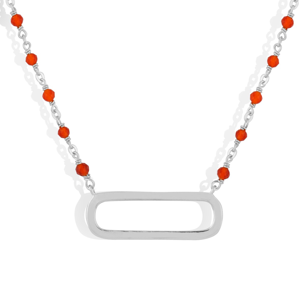 Collier Argent Rhodier Lingot Et Pierres Onyx Naturelles Rouge