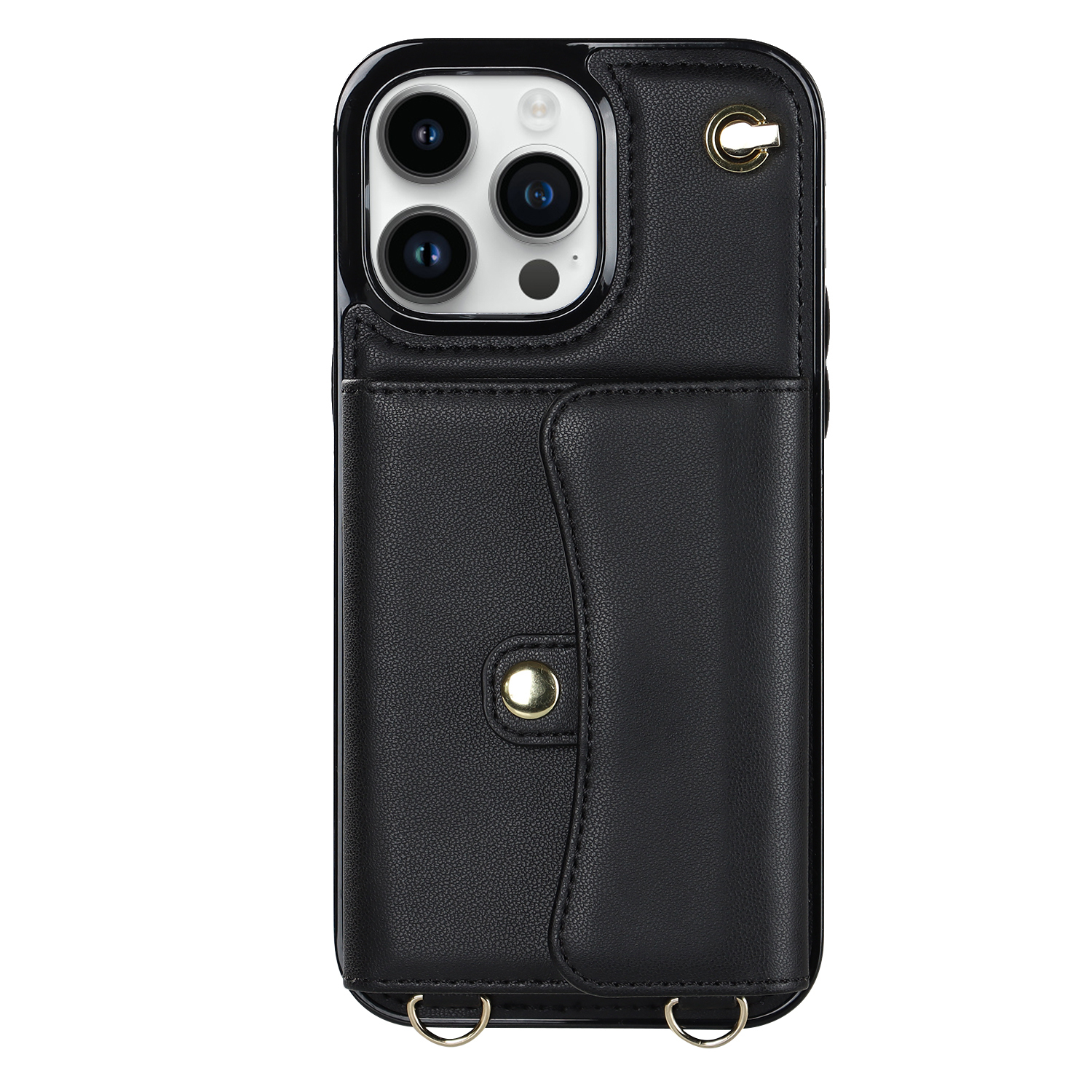 iPhone 14 Pro Max Necklace Leder Schutz Hülle mit Kartenfach   Handykette (140cm) - Schwarz