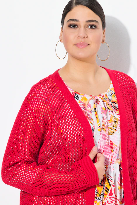 Long-Strickjacke, Netz-Optik, offene Form, V-Ausschnitt, lychee