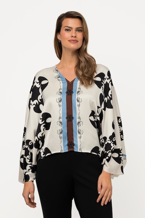 Cape-Satinbluse, grafischer Druck, V-Ausschnitt, 3/4-Arm