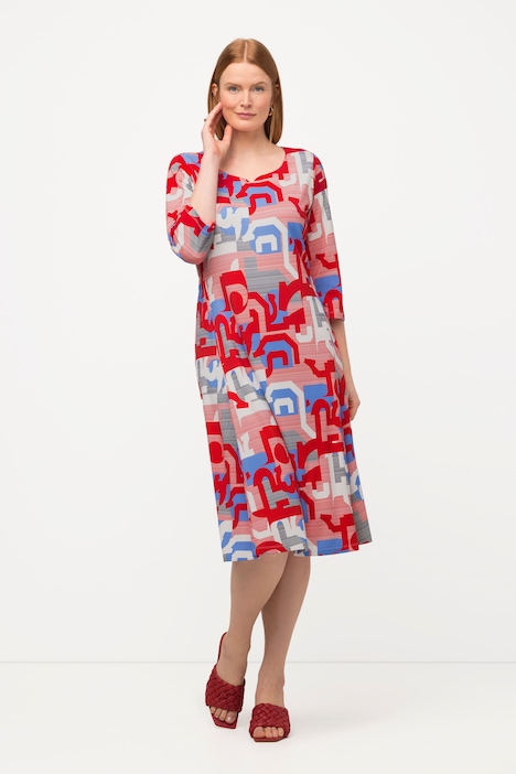 Midikleid, grafisches Design, Herzausschnitt, 3/4-Arm