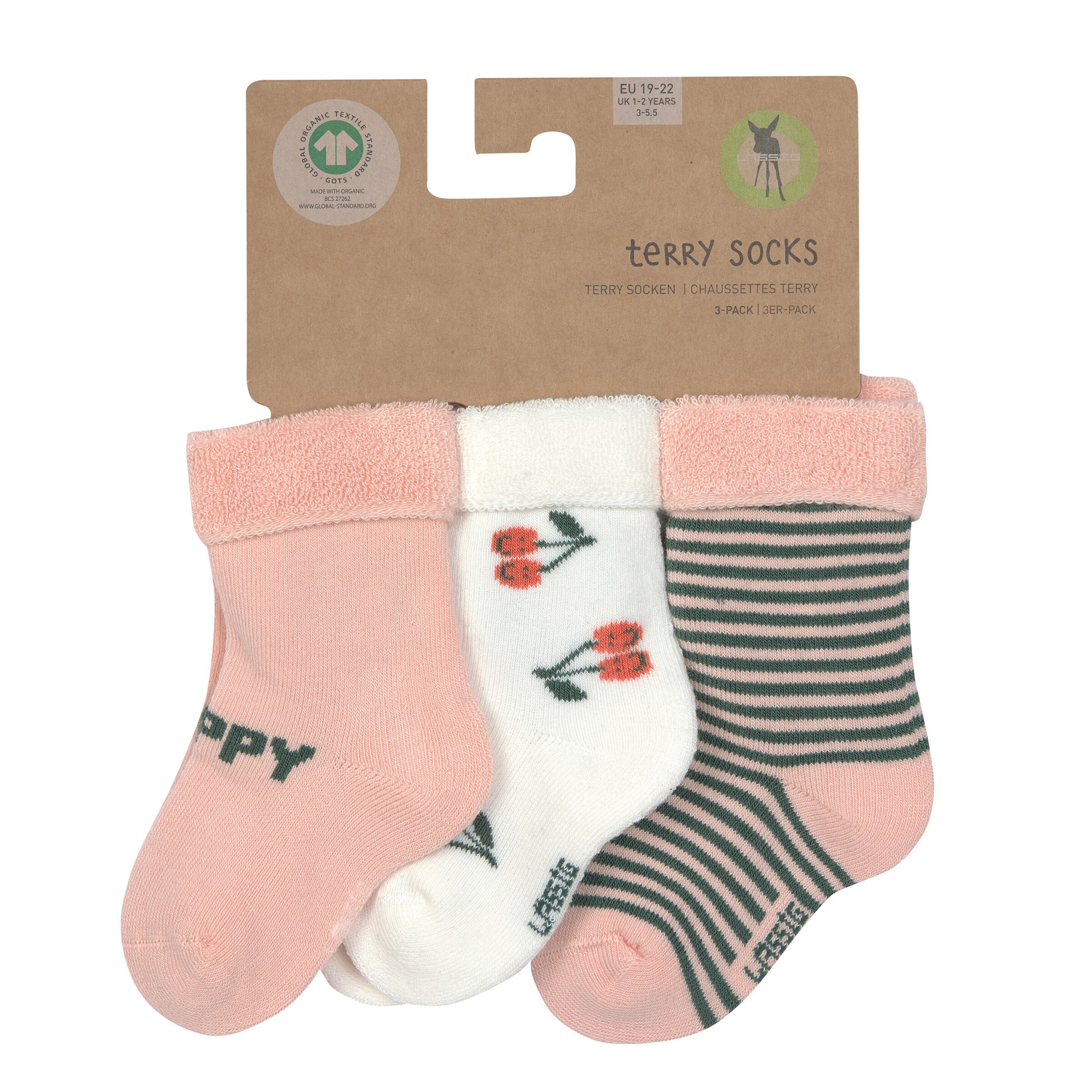 Lässig 3er-Pack Erstlingssocken Ringel Kirschen Little Gang rosa/natur/grün