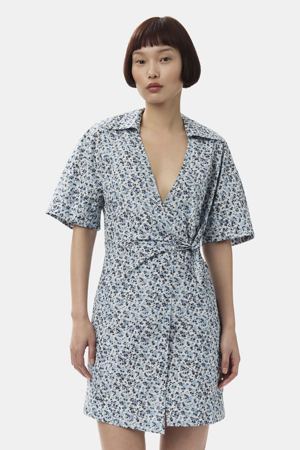 Ganni Printed Cotton Wrap Mini Dress Glacier lake