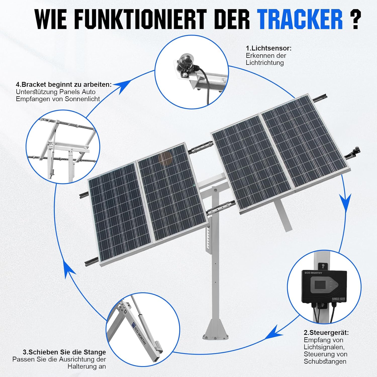 ECO-WORTHY Solarpanel Halterung Einachsiges Tracking System (30% mehr Leistung) mit Tracker Controller, Hoche Stabilität, Geeignet für unterschiedliche Verschiedene Solarmodelle, Hof, Feld, Garten