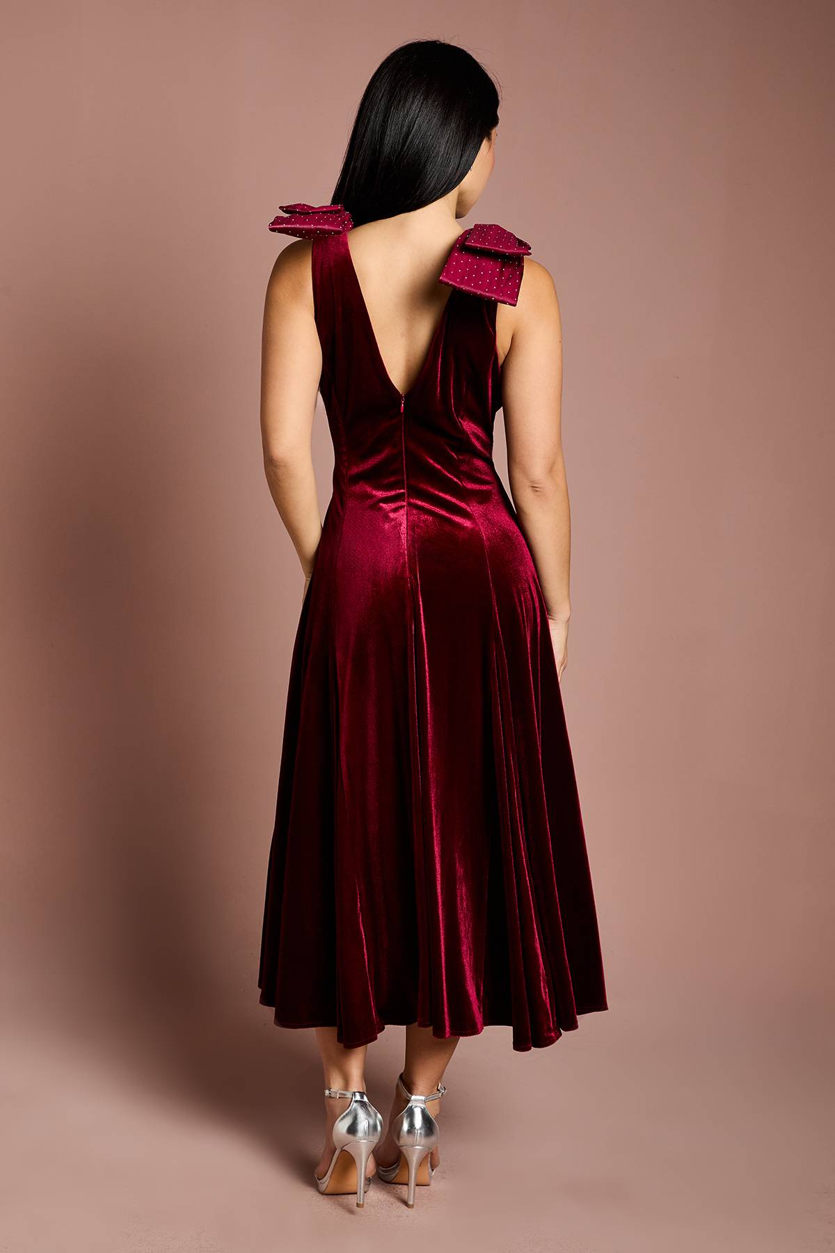 Coast Robe Mi-Longue en Velours avec Nœud Hotfix à l'Épaule Petite Taille