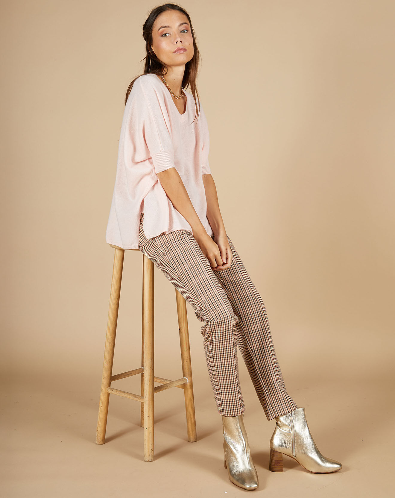 Cashmere Tribu Pull poncho 100% Cachemire Kelly col V manches courtes rose pâle