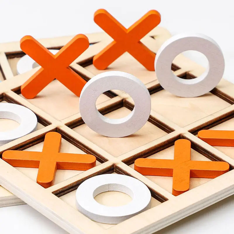(14x14cm) Holz Mini Tic Tac Toe Brett Spiel Kinder Spielzeug Drei Gewinnt Reise Lernspiel - Blau / Weiss