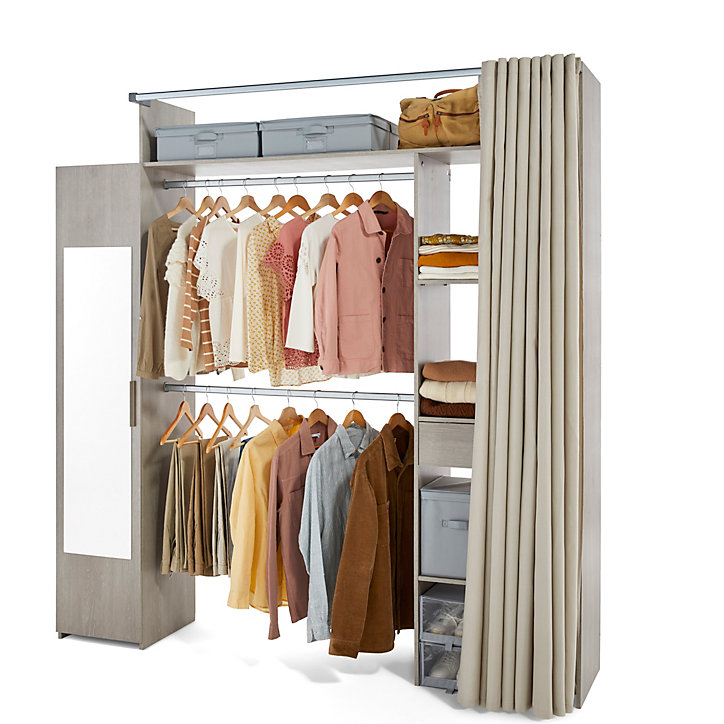 Kit dressing 2 colonnes avec porte miroir et rideau Taylor décor chêne grisé H. 220 x L. 212,5 x P. 40 cm