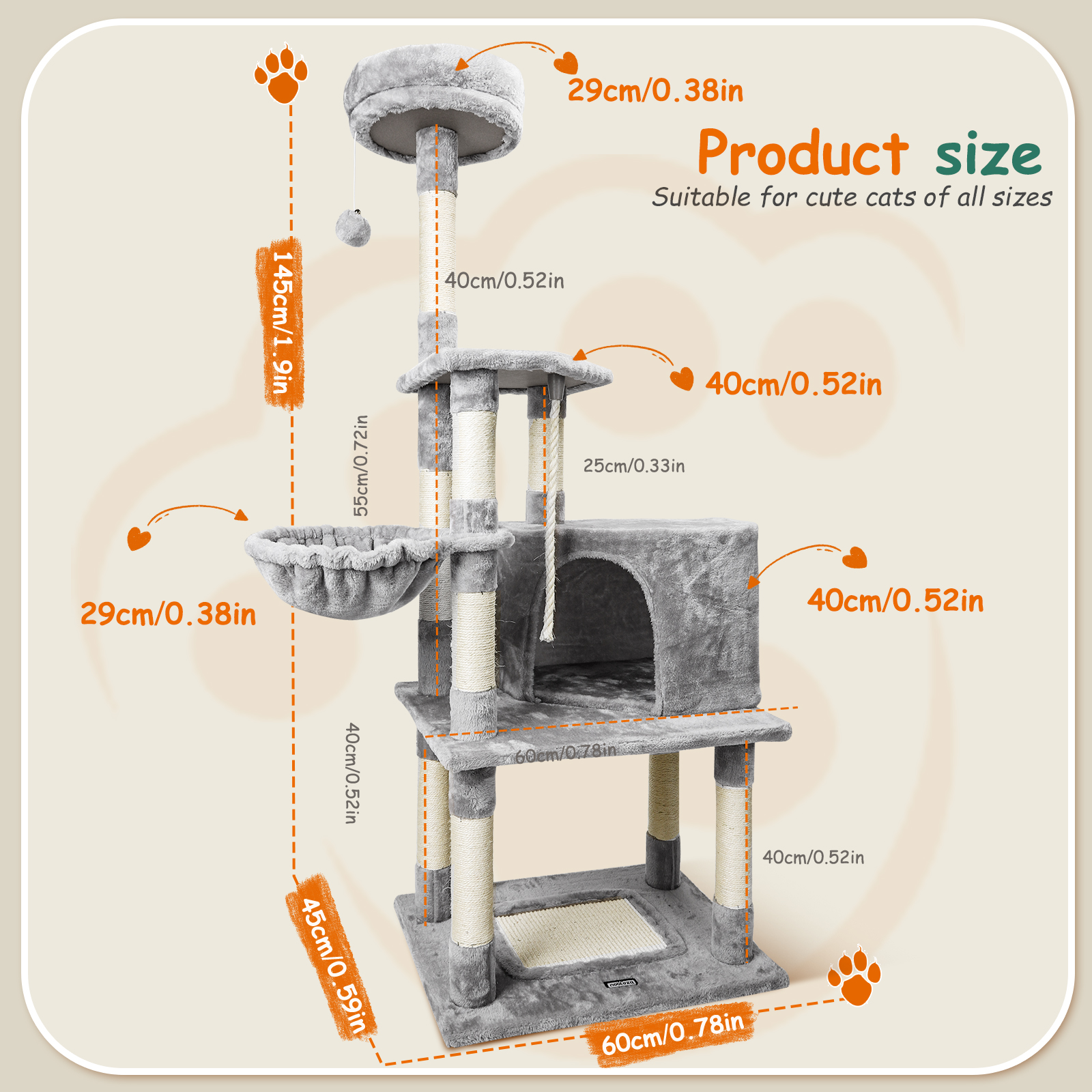 Arranhador para Gatos Nobleza, 148 cm de altura, vários níveis, ideal para gatos grandes, com 9 postes de sisal e bolas de pelúcia, na cor cinza.