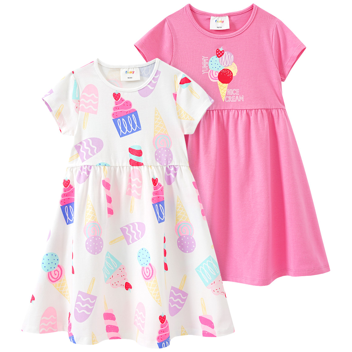 Famy 2 Mädchen Kleider mit bunten Motiven rosa / weiss