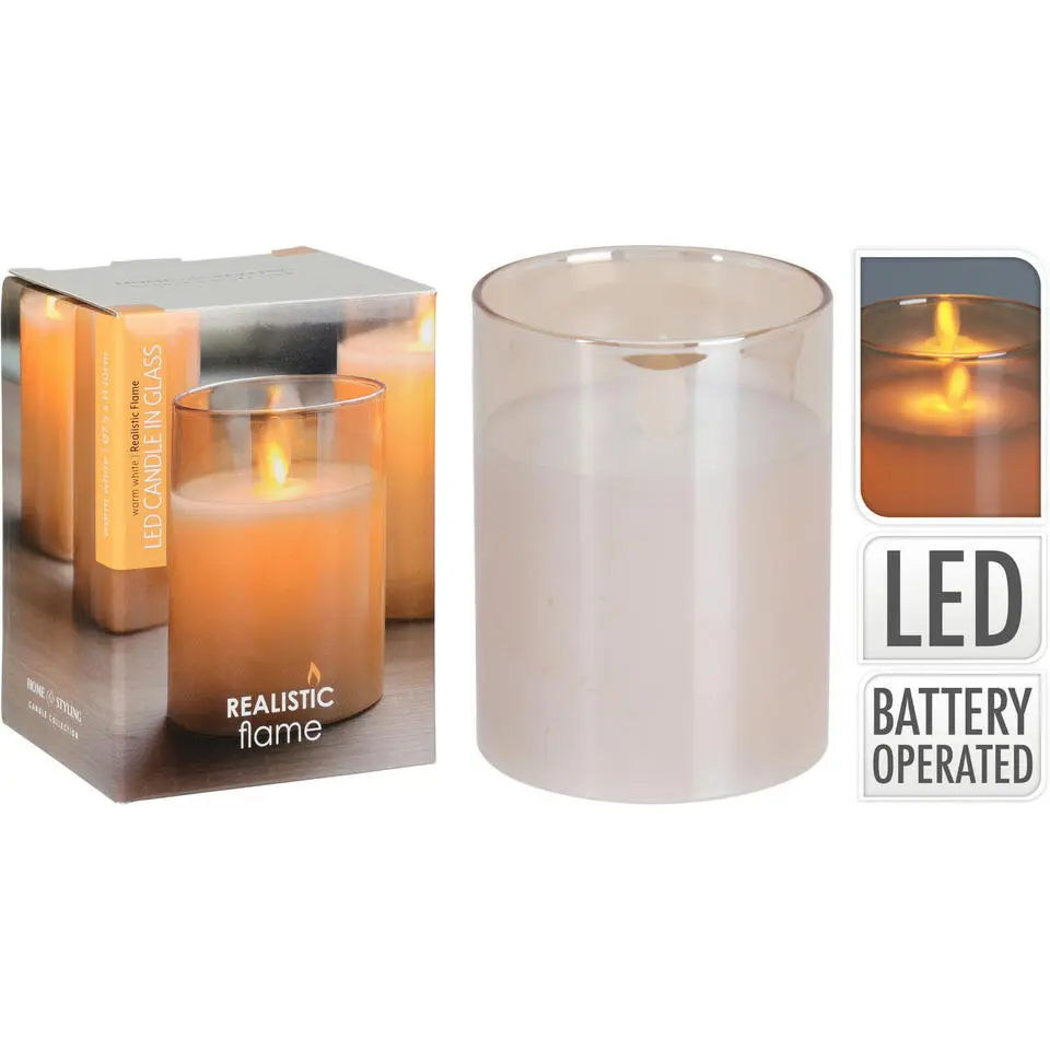 Home and Styling LED kaars - in glas - warm wit - D7,5 x H10 cm