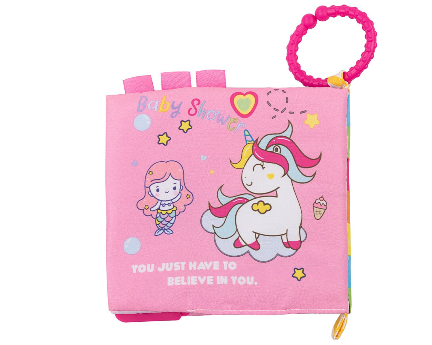Kikkaboo Baby Stoffbuch Beißring C-Ring Lehrbuch bunte Zahlen Buchstaben Tiere pink